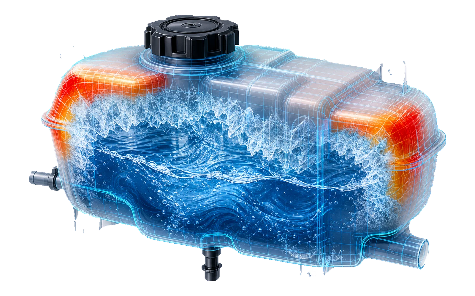 Réservoir semi-transparent : eau, front de solidification et zones de parois sous contrainte
