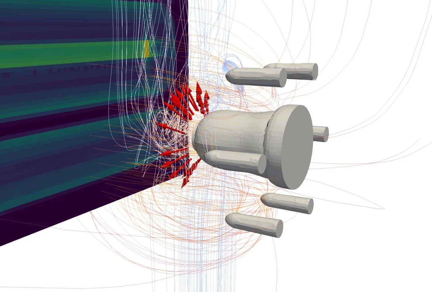 Projecteur électrostatique de peinture : lignes de courant d'air et champ électrique simulés