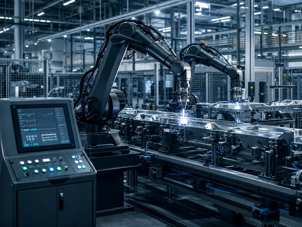 Robots de soudure sur une ligne d'assemblage, pupitre de supervision au premier plan